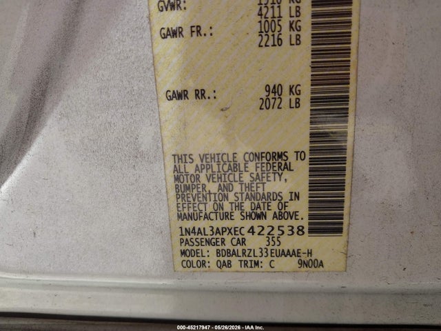 2014 Nissan Altima 2.5 S მანქანა იყიდება აუქციონზე, vin: 1N4AL3APXEC422538, აუქციონის ნომერი: 45217947