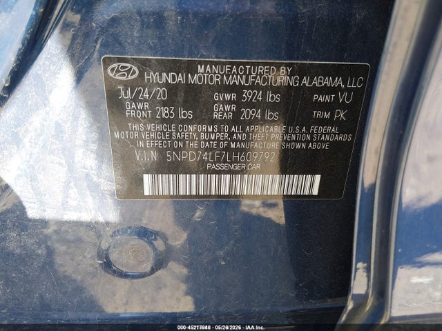 2020 Hyundai Elantra Se მანქანა იყიდება აუქციონზე, vin: 5NPD74LF7LH609792, აუქციონის ნომერი: 45217948