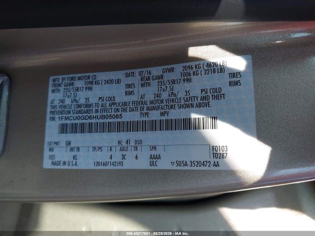 Продаж на аукціоні авто 2017 Ford Escape Se, vin: 1FMCU0GD6HUB05085, номер лоту: 45217951