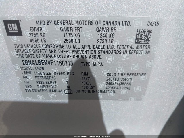 Aukcja sprzedaży 2015 Chevrolet Equinox 1lt, vin: 2GNALBEK4F1160713, numer aukcji: 45217957