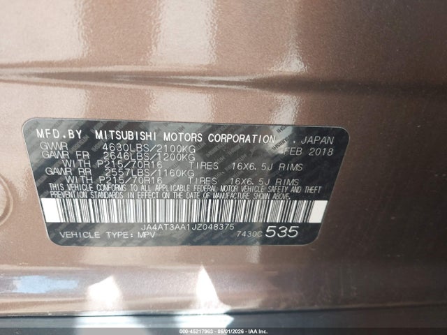 Продаж на аукціоні авто 2018 Mitsubishi Eclipse Cross Es, vin: JA4AT3AA1JZ048375, номер лоту: 45217963