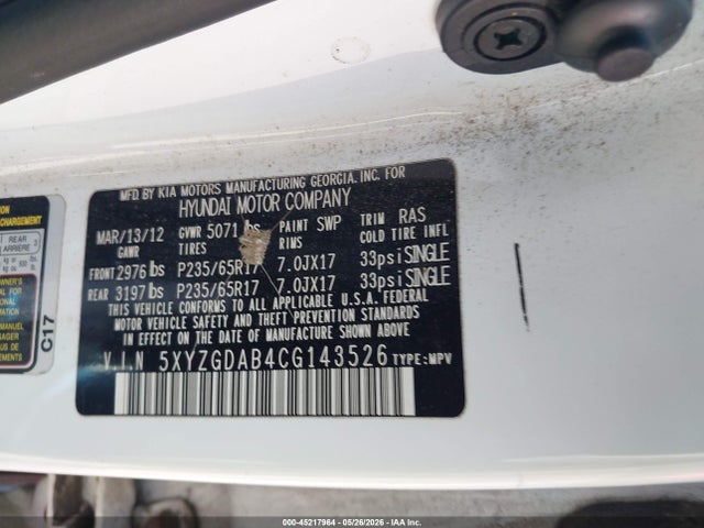 2012 Hyundai Santa Fe Gls მანქანა იყიდება აუქციონზე, vin: 5XYZGDAB4CG143526, აუქციონის ნომერი: 45217964