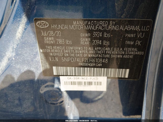 Продажа на аукционе авто 2020 Hyundai Elantra Se, vin: 5NPD74LF2LH610848, номер лота: 45217970