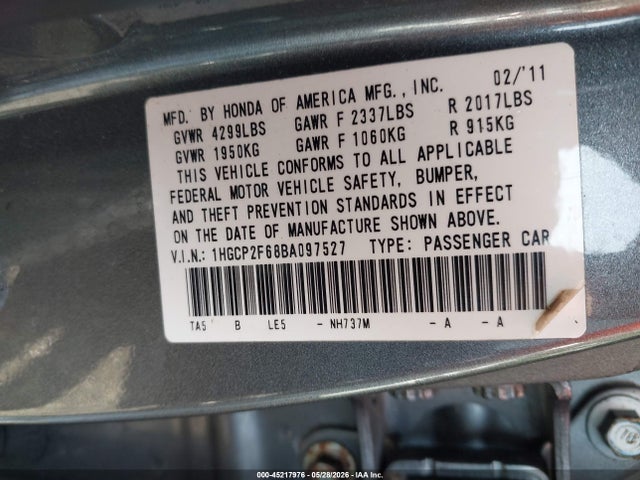 45217976 :رقم المزاد ، 1HGCP2F68BA097527 vin ، 2011 Honda Accord 2.4 Se مزاد بيع