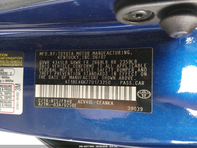 Aukcja sprzedaży 2007 Toyota Camry Ce, vin: 4T1BE46K77U173250, numer aukcji: 45217985