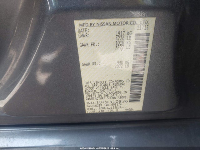 Продажа на аукционе авто 2016 Nissan Altima 2.5/2.5 S/2.5 Sl/2.5 Sr/2.5 Sv, vin: 1N4AL3AP7GN310836, номер лота: 45218004