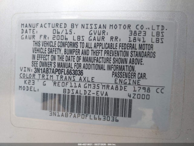 Aukcja sprzedaży 2015 Nissan Sentra Fe+ S/s/sl/sr/sv, vin: 3N1AB7AP0FL663036, numer aukcji: 45218021