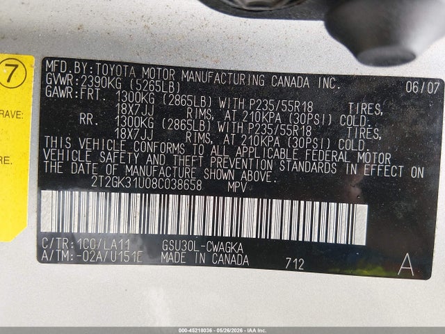 45218036 :رقم المزاد ، 2T2GK31U08C038658 vin ، 2008 Lexus Rx 350 مزاد بيع