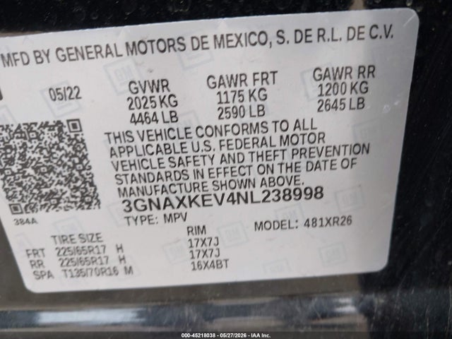 2022 Chevrolet Equinox Fwd Lt მანქანა იყიდება აუქციონზე, vin: 3GNAXKEV4NL238998, აუქციონის ნომერი: 45218038