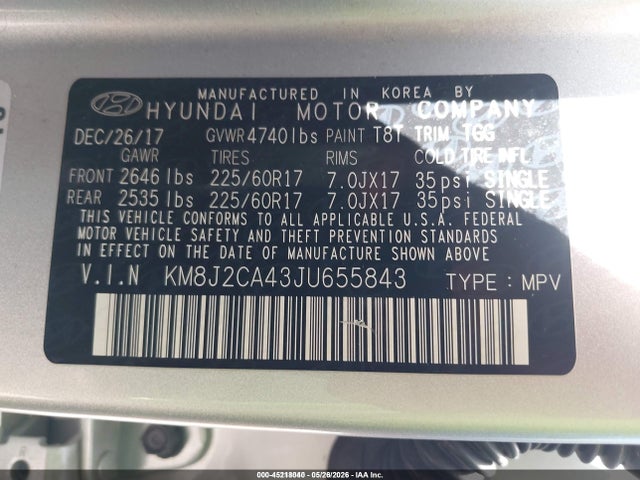 Aukcja sprzedaży 2018 Hyundai Tucson Se, vin: KM8J2CA43JU655843, numer aukcji: 45218040