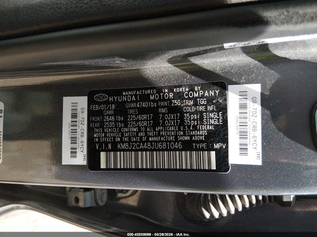 Aukcja sprzedaży 2018 Hyundai Tucson Se, vin: KM8J2CA48JU681046, numer aukcji: 45218058