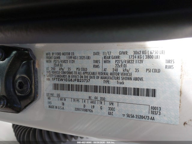 Aukcja sprzedaży 2018 Ford F-150 Limited, vin: 1FTEW1EG8JFB23737, numer aukcji: 45218065