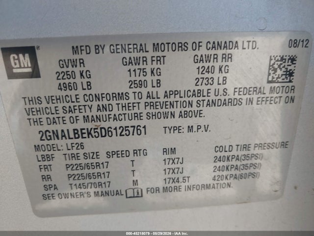 Продаж на аукціоні авто 2013 Chevrolet Equinox Ls, vin: 2GNALBEK5D6125761, номер лоту: 45218079