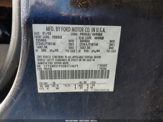 Продаж на аукціоні авто 2003 Ford F-350 Lariat/xl/xlt, vin: 1FTSW31P33EC14671, номер лоту: 45218089