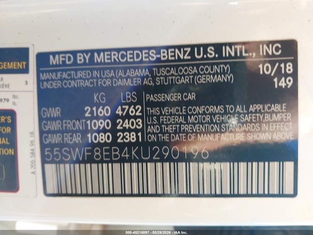 45218097 :رقم المزاد ، 55SWF8EB4KU290196 vin ، 2019 Mercedes-benz C 300 4matic مزاد بيع