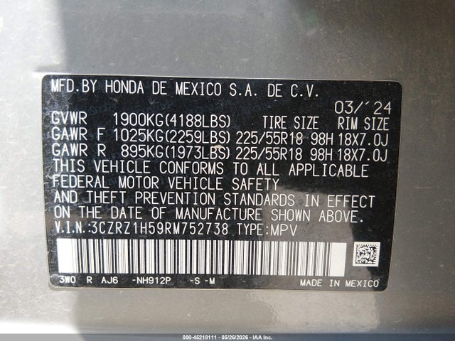 3CZRZ1H59RM752738 Honda Hr-v 2wd Sport/2wd Sport W/o Bsi