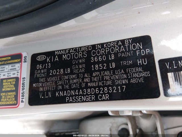 Auction sale of the 2013 Kia Rio Ex, vin: KNADN4A38D6283217, lot number: 45218122
