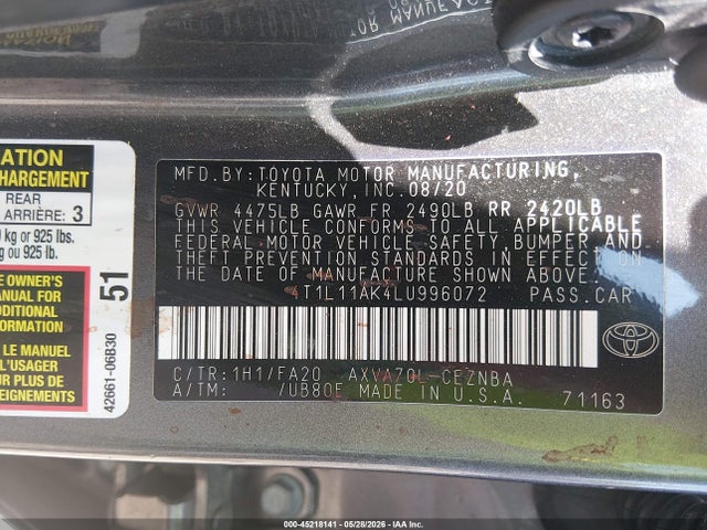 Aukcja sprzedaży 2020 Toyota Camry Le, vin: 4T1L11AK4LU996072, numer aukcji: 45218141