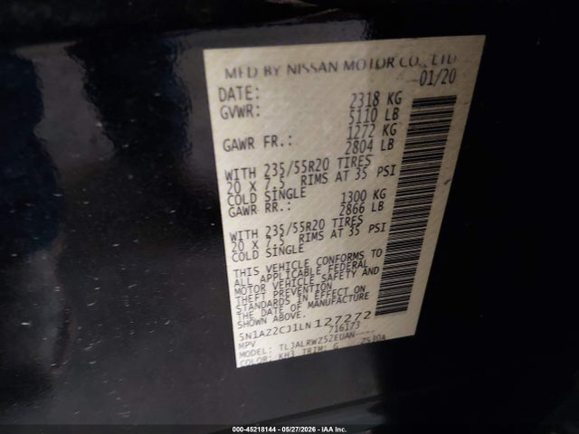 45218144 :رقم المزاد ، 5N1AZ2CJ1LN127272 vin ، 2020 Nissan Murano Sl Fwd مزاد بيع