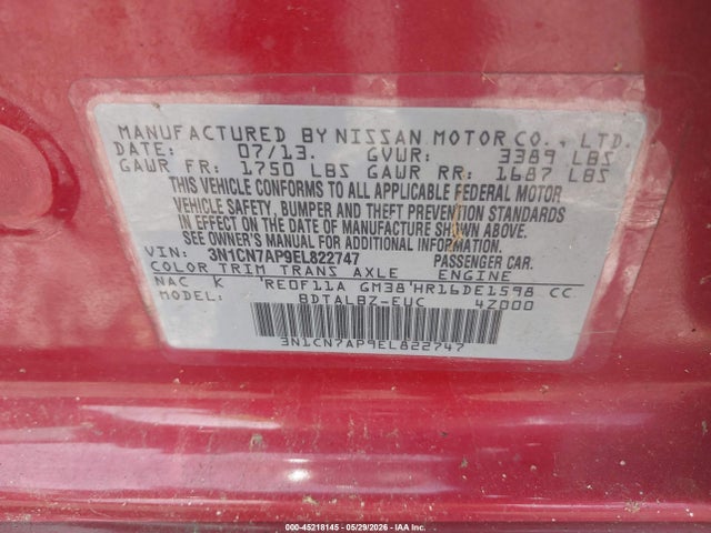 Aukcja sprzedaży 2014 Nissan Versa 1.6 Sv, vin: 3N1CN7AP9EL822747, numer aukcji: 45218145