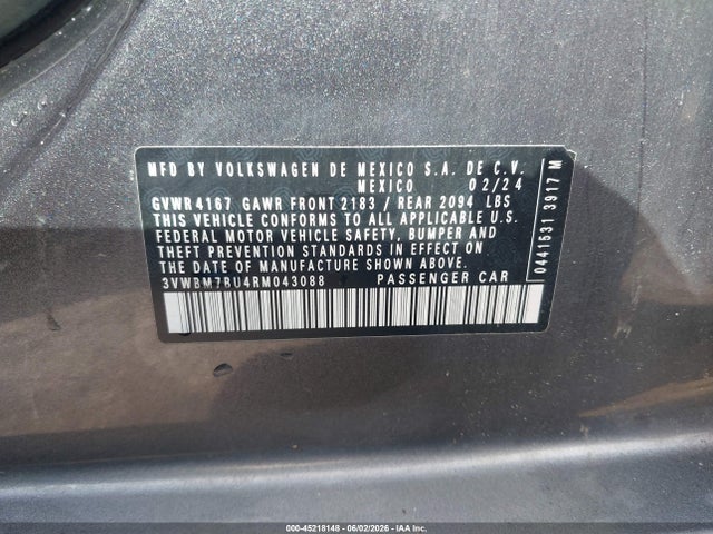 2024 Volkswagen Jetta 1.5t Sport მანქანა იყიდება აუქციონზე, vin: 3VWBM7BU4RM043088, აუქციონის ნომერი: 45218148
