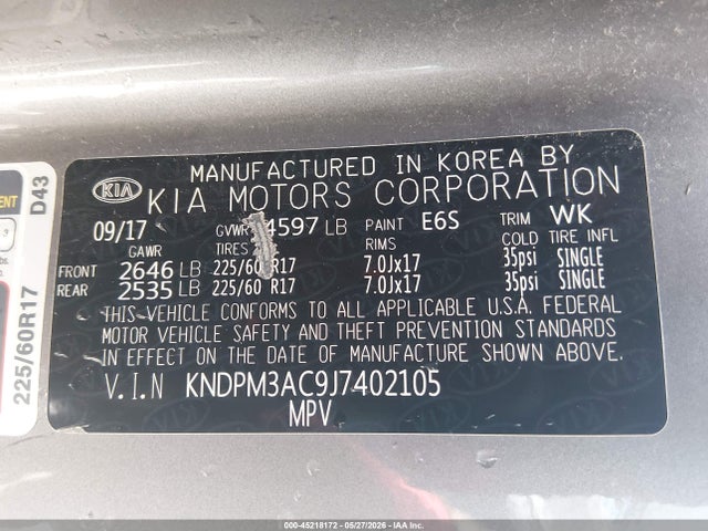 2018 Kia Sportage Lx მანქანა იყიდება აუქციონზე, vin: KNDPM3AC9J7402105, აუქციონის ნომერი: 45218172