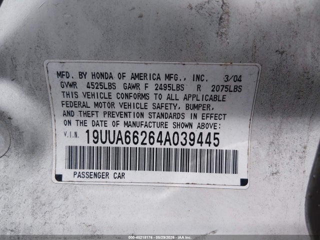 2004 Acura Tl მანქანა იყიდება აუქციონზე, vin: 19UUA66264A039445, აუქციონის ნომერი: 45218176