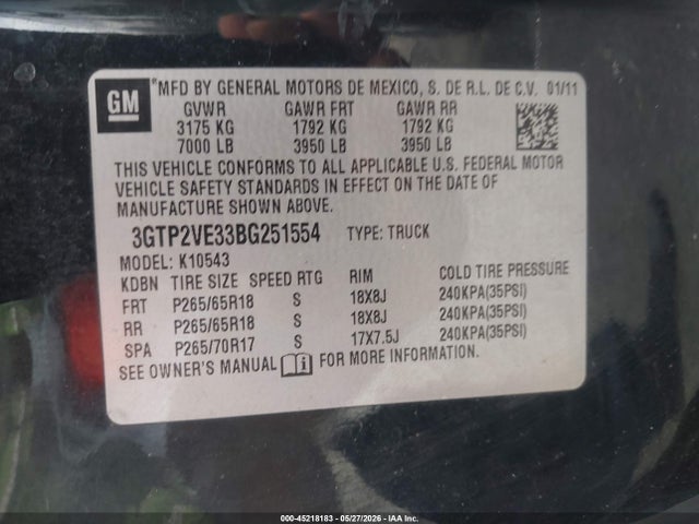 Продаж на аукціоні авто 2011 Gmc Sierra 1500 Sle, vin: 3GTP2VE33BG251554, номер лоту: 45218183