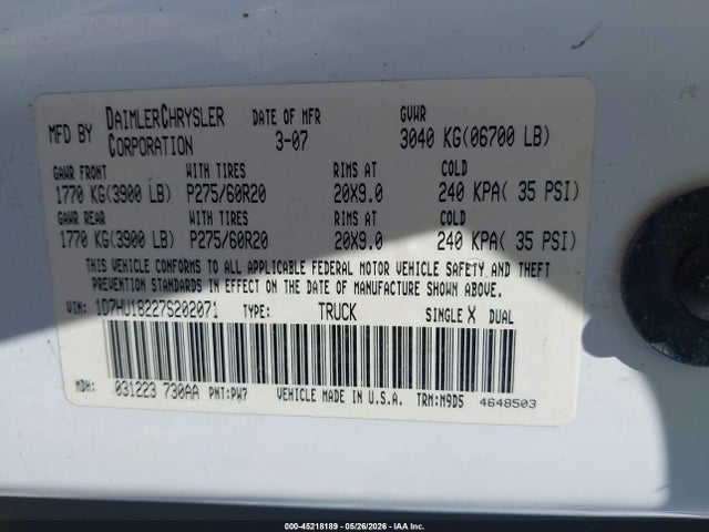 45218189 :رقم المزاد ، 1D7HU18227S202071 vin ، 2007 Dodge Ram 1500 Slt/trx4 Off Road/sport مزاد بيع