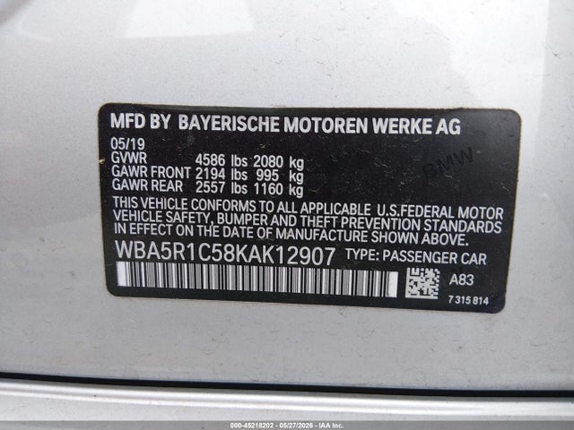 Aukcja sprzedaży 2019 Bmw 330i, vin: WBA5R1C58KAK12907, numer aukcji: 45218202