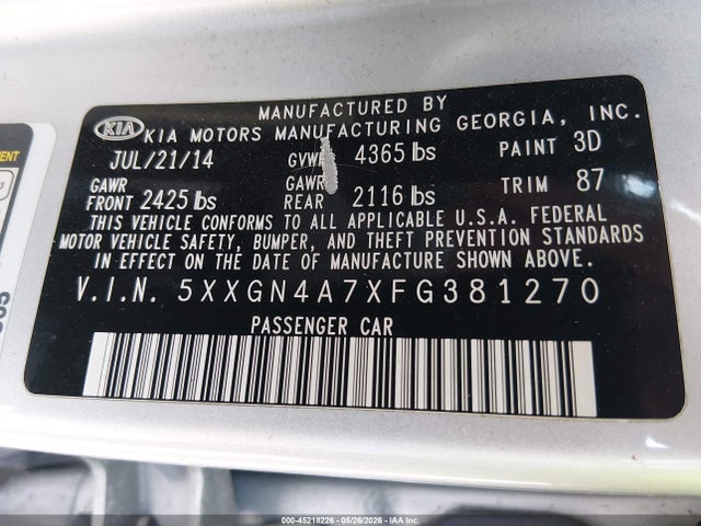 45218226 :رقم المزاد ، 5XXGN4A7XFG381270 vin ، 2015 Kia Optima Ex مزاد بيع