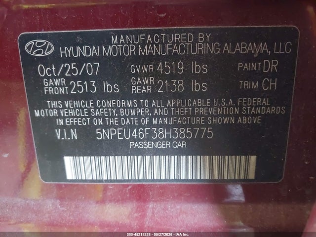 Продаж на аукціоні авто 2008 Hyundai Sonata Limited V6/se V6, vin: 5NPEU46F38H385775, номер лоту: 45218228