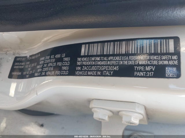 Продаж на аукціоні авто 2016 Jeep Renegade Limited, vin: ZACCJBDT3GPE30345, номер лоту: 45218235