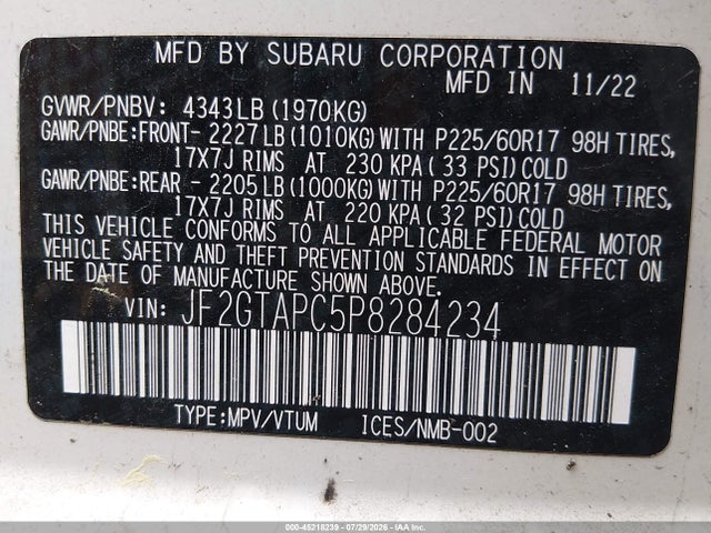 2023 Subaru Crosstrek Premium მანქანა იყიდება აუქციონზე, vin: JF2GTAPC5P8284234, აუქციონის ნომერი: 45218239