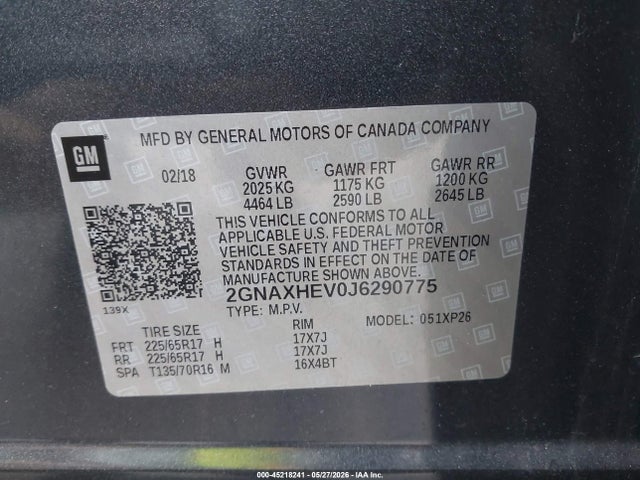 Aukcja sprzedaży 2018 Chevrolet Equinox Ls, vin: 2GNAXHEV0J6290775, numer aukcji: 45218241