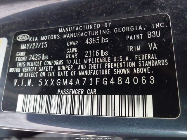 45218253 :رقم المزاد ، 5XXGM4A71FG484063 vin ، 2015 Kia Optima Lx مزاد بيع