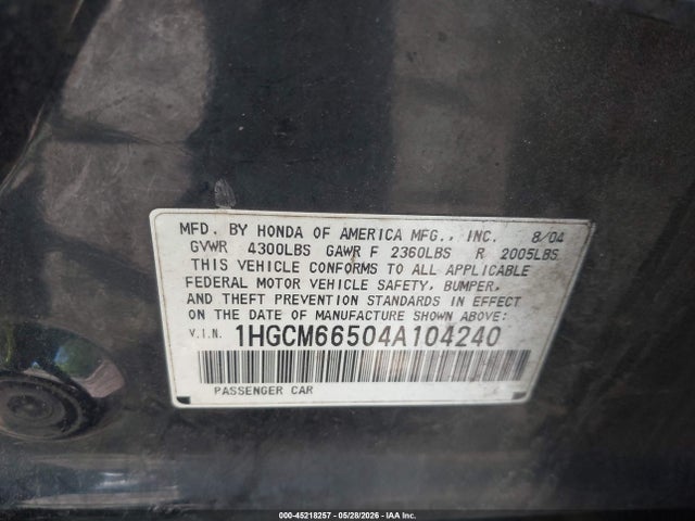 45218257 :رقم المزاد ، 1HGCM66504A104240 vin ، 2004 Honda Accord 3.0 Ex مزاد بيع