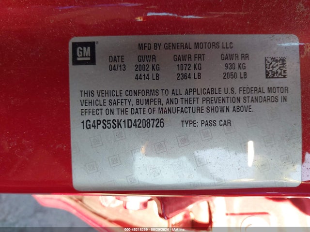 45218259 :رقم المزاد ، 1G4PS5SK1D4208726 vin ، 2013 Buick Verano Leather Group مزاد بيع