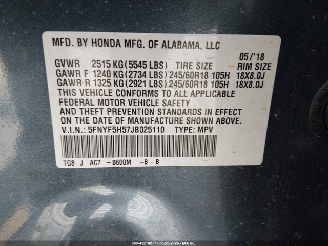 Продаж на аукціоні авто 2018 Honda Pilot Ex-l, vin: 5FNYF5H57JB025110, номер лоту: 45218277