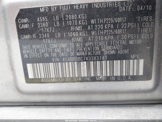 45218286 :رقم المزاد ، 4S4BRBBC7A3383741 vin ، 2010 Subaru Outback 2.5i Premium مزاد بيع