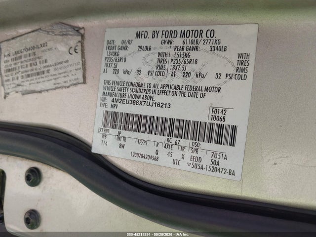 Продажа на аукционе авто 2007 Mercury Mountaineer Premier, vin: 4M2EU388X7UJ16213, номер лота: 45218291