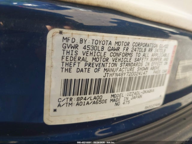45218301 :رقم المزاد ، JTHFN48Y720024147 vin ، 2002 Lexus Sc 430 مزاد بيع