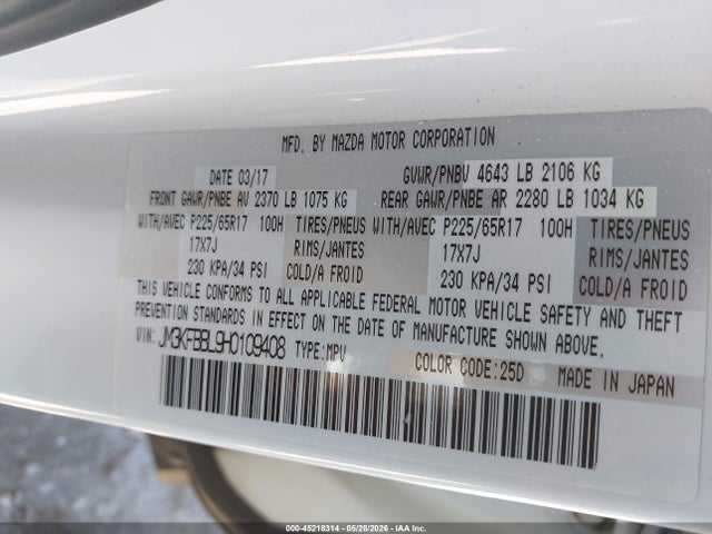 45218314 :رقم المزاد ، JM3KFBBL9H0109408 vin ، 2017 Mazda Cx-5 Sport مزاد بيع