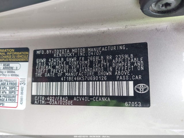 2007 Toyota Camry Le მანქანა იყიდება აუქციონზე, vin: 4T1BE46K57U690126, აუქციონის ნომერი: 45218319