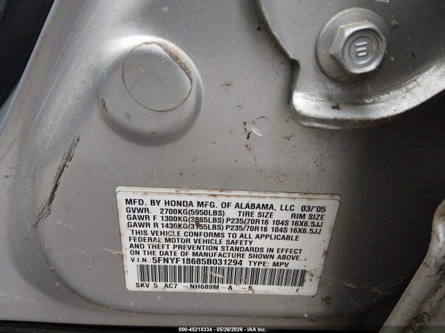 Продаж на аукціоні авто 2005 Honda Pilot Ex-l, vin: 5FNYF18685B031294, номер лоту: 45218334
