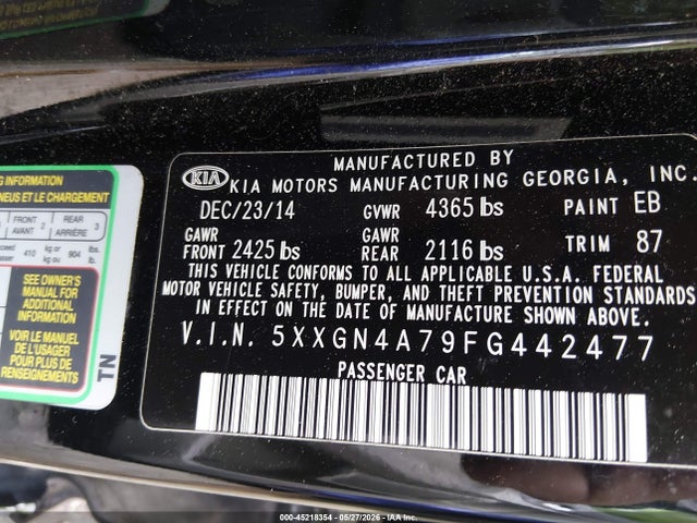 Продажа на аукционе авто 2015 Kia Optima Ex, vin: 5XXGN4A79FG442477, номер лота: 45218354