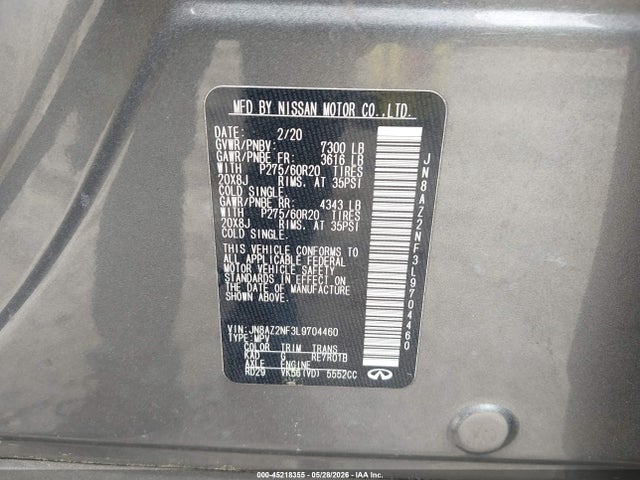 Продаж на аукціоні авто 2020 Infiniti Qx80 Luxe, vin: JN8AZ2NF3L9704460, номер лоту: 45218355
