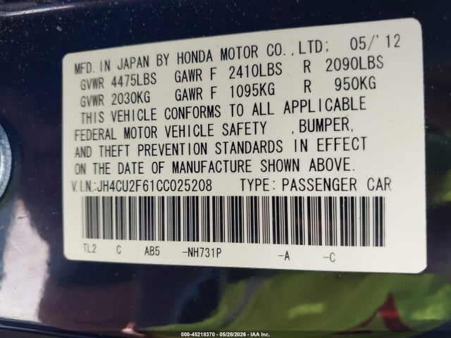 2012 Acura Tsx 2.4 მანქანა იყიდება აუქციონზე, vin: JH4CU2F61CC025208, აუქციონის ნომერი: 45218370