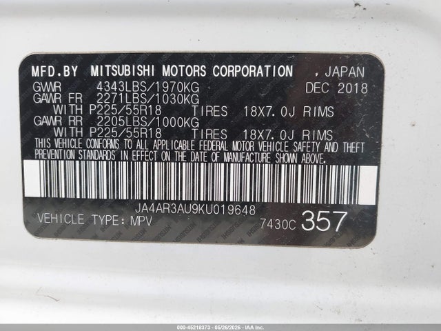 2019 Mitsubishi Outlander Sport 2.0 Es მანქანა იყიდება აუქციონზე, vin: JA4AR3AU9KU019648, აუქციონის ნომერი: 45218373