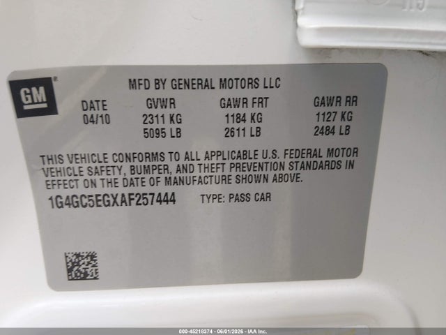 Aukcja sprzedaży 2010 Buick Lacrosse Cxl, vin: 1G4GC5EGXAF257444, numer aukcji: 45218374